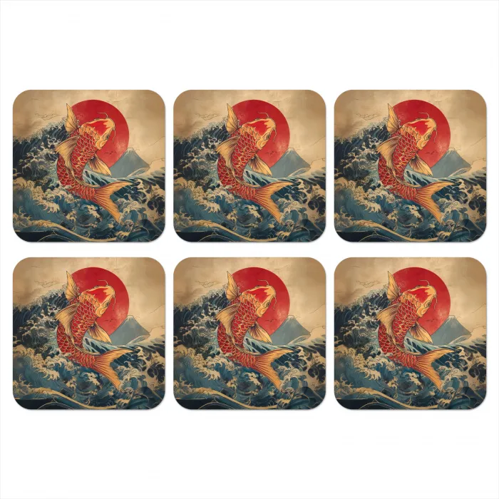 Koi - Zee - Golven - Zon onderzetter kurk middel -3d