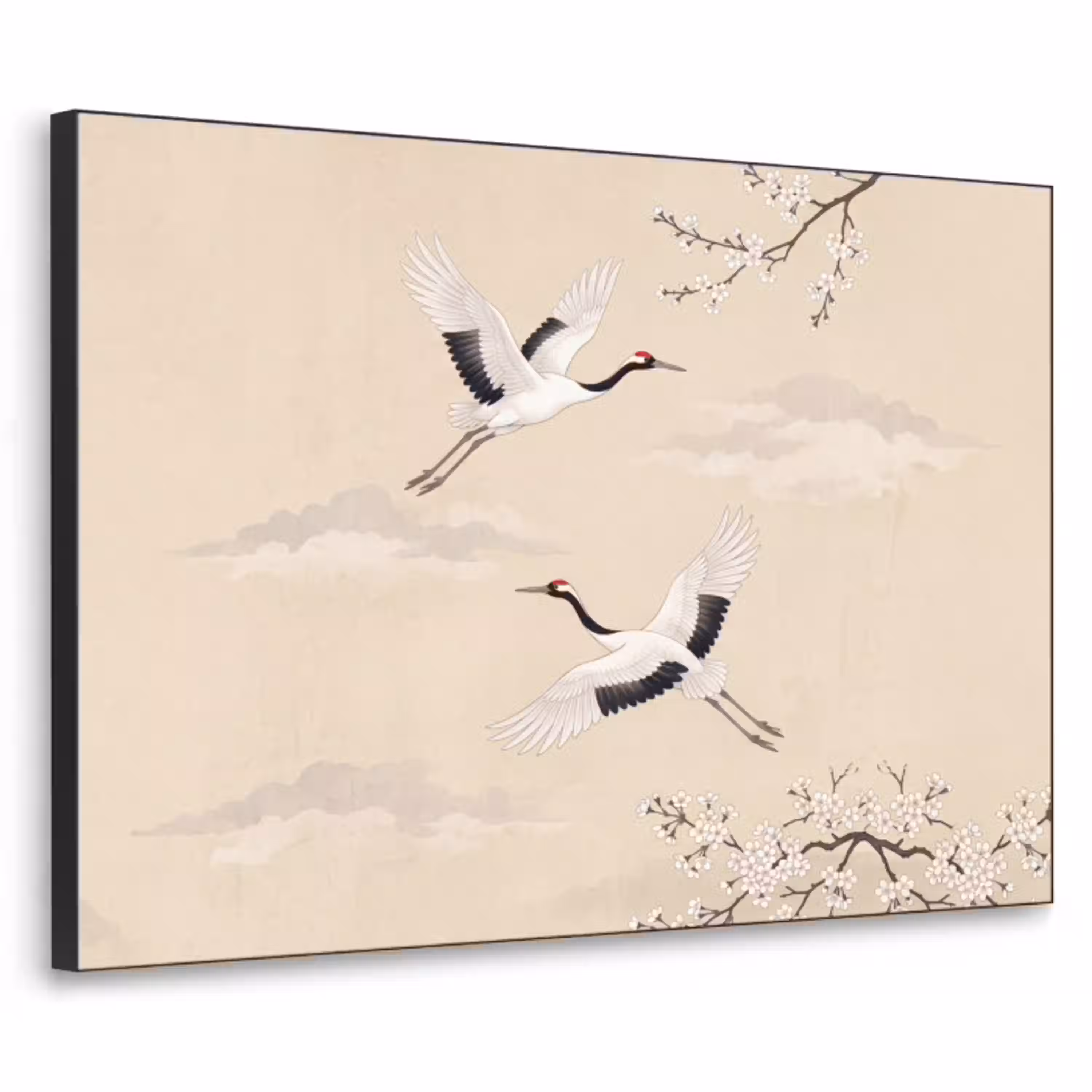 Kraanvogels - Bloesem - Beige Textielframe zwart klein -3d