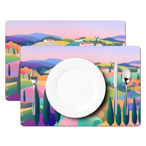 Landschap - Paars - Pastel - Huizen Placemat vinyl groot -zzsfeer2_Kitchenyeah-website