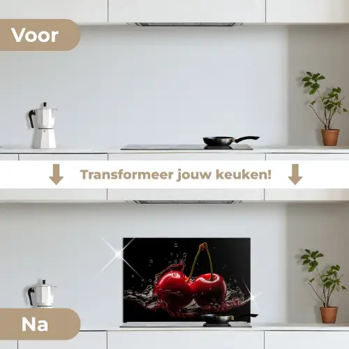 Kersen - Rood - Fruit - Water - Zwart keuken achterwand spatscherm klein -voor_na_NL