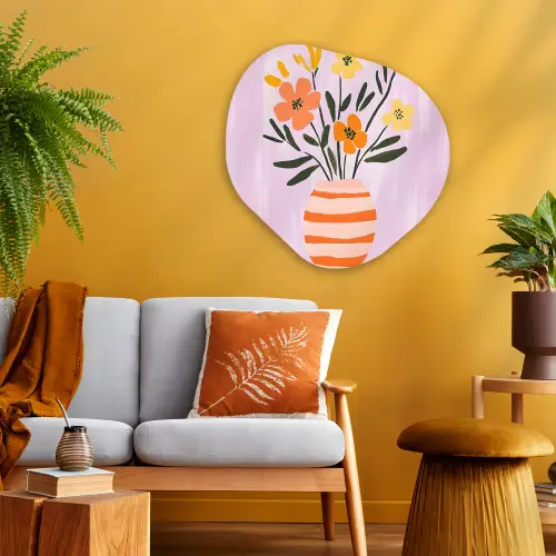 Vaas - Gestreept - Bloemen - Oranje Wandcirkel Organisch Aluminium middel -sfeer4