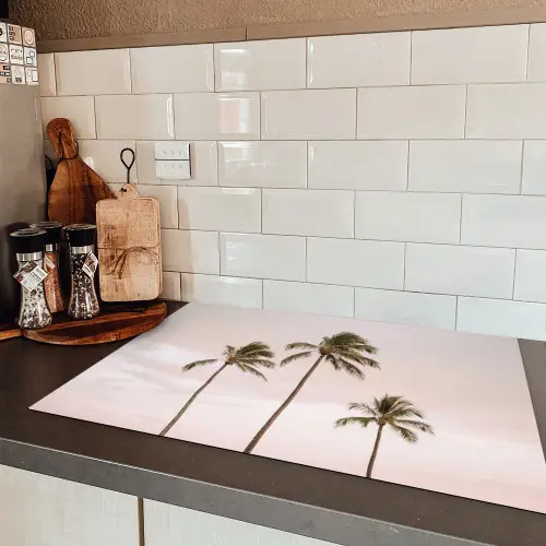 Palmbomen - Zonsondergang - Roze Inductie beschermer vinyl 3mm klein -sfeer3