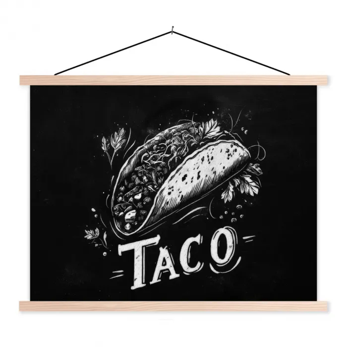 Taco - Kruiden - Witte krijtstijl - Tekst textielposter latten blank klein -3d