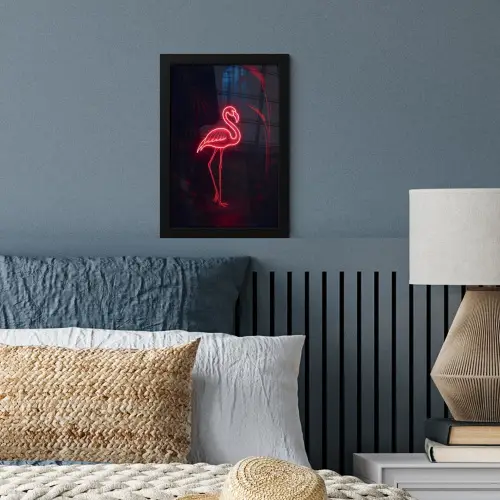 Flamingo - Roze - Neon - Licht fotolijst zwart zonder passe partout klein -sfeer3