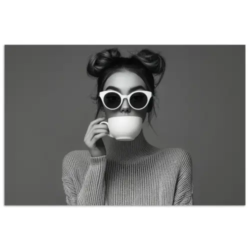 Vrouw - Koffie - Zwart - Wit poster papier klein -3d