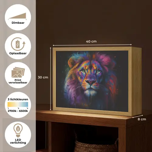 Leeuwenkop - Felgekleurd - Abstract Light Box met batterij (Wandlamp) middel -USP_websiteoverzichtNL