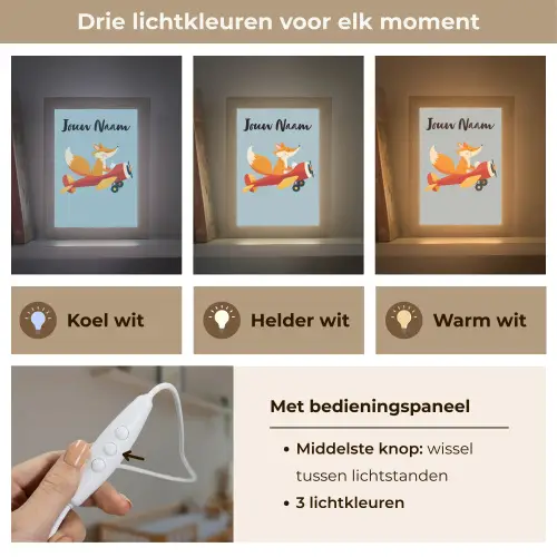 Vos - Vliegtuig - Blauw Light Box met kabel (Kinderlampje) klein -USP_lichtkleurNL