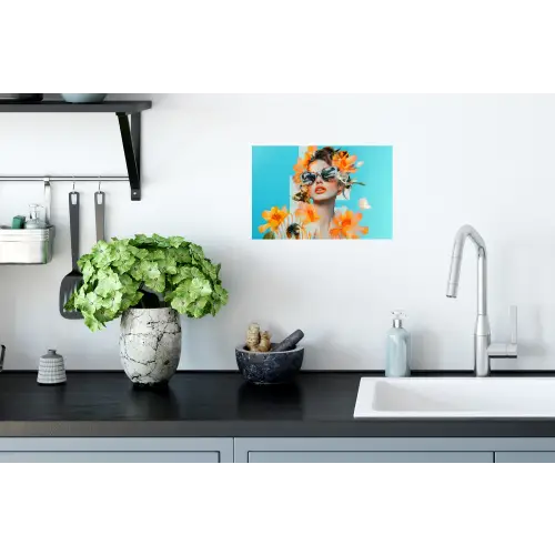 Bloemen - Vrouw - Zonnebril - Blauw Muursticker klein -keuken