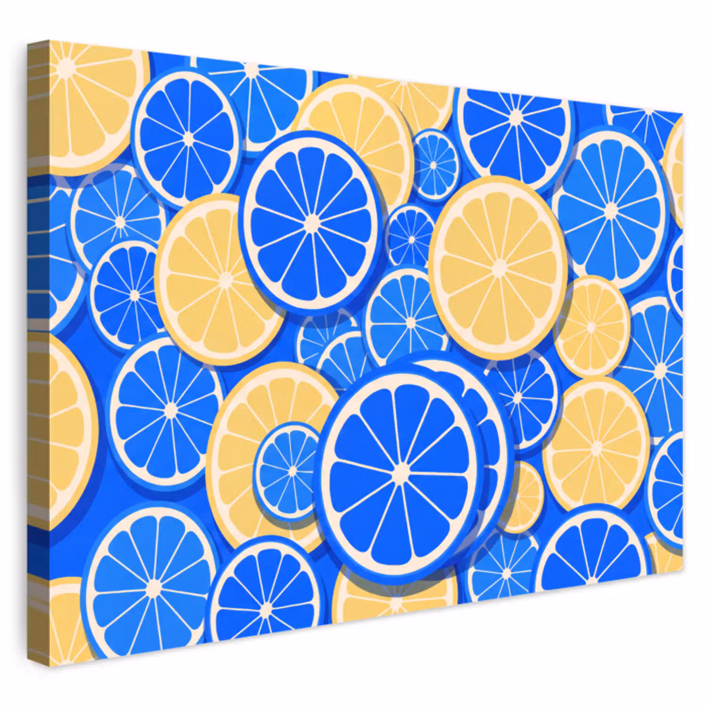 Fruit - Schijven - Patroon - Modern - Blauw - Geel Tuinposter op houten frame 2 cm dik klein -3d