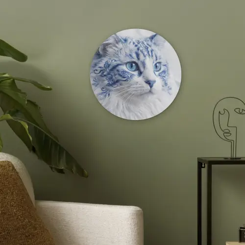 Kat - Patroon - Blauw Akoestische PET Vilt - Rond klein -sfeer2