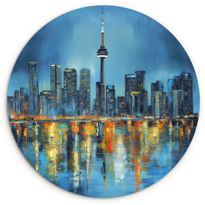 Skyline Toronto - Water - Stadslichten - Toren Wandcirkel kunststof plaat 5mm dik klein -3d