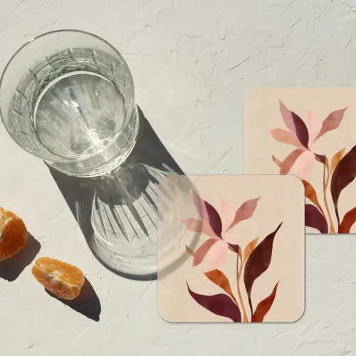 Bloemen - Blaadjes - Minimalistisch - Roze onderzetter kurk middel -sfeer4