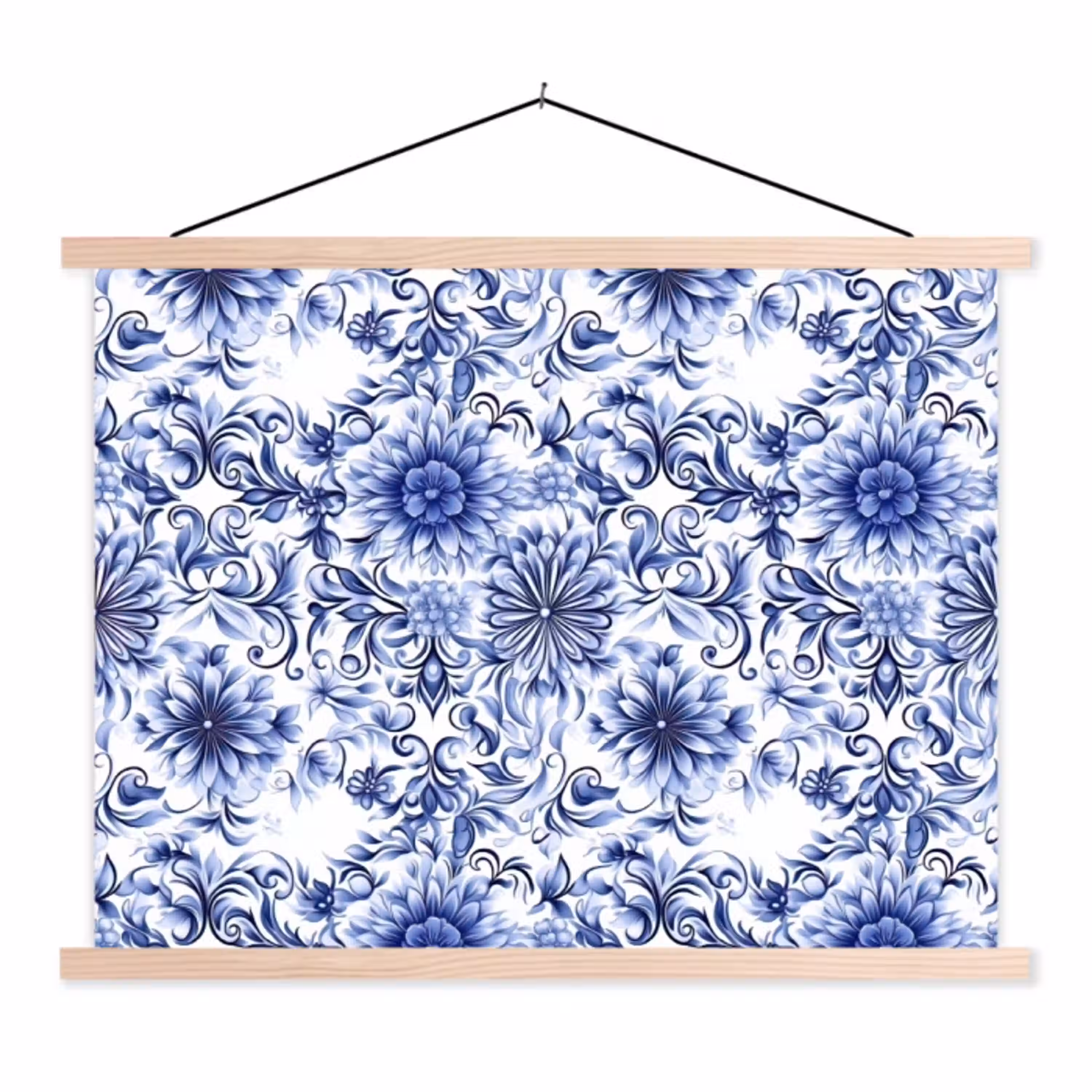 Bloemen - Blauw - Patroon - Wit textielposter latten blank klein 122 -3d