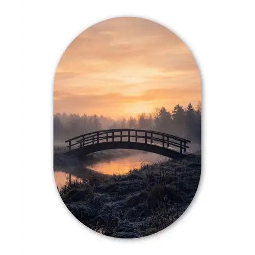 Brug - Mist - Bomen - Water Wandcirkel Ovaal Forex klein -3d