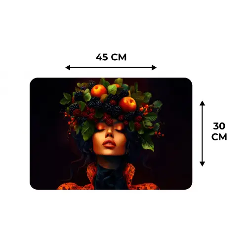 Vrouw - Zwart - Bessen - Bramen - Appels Placemat vinyl groot -specs