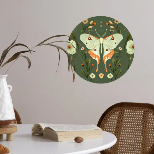 Bloemen - Bladeren - Olijfgroen - Vlinder Wandcirkel behangsticker klein -sfeer3