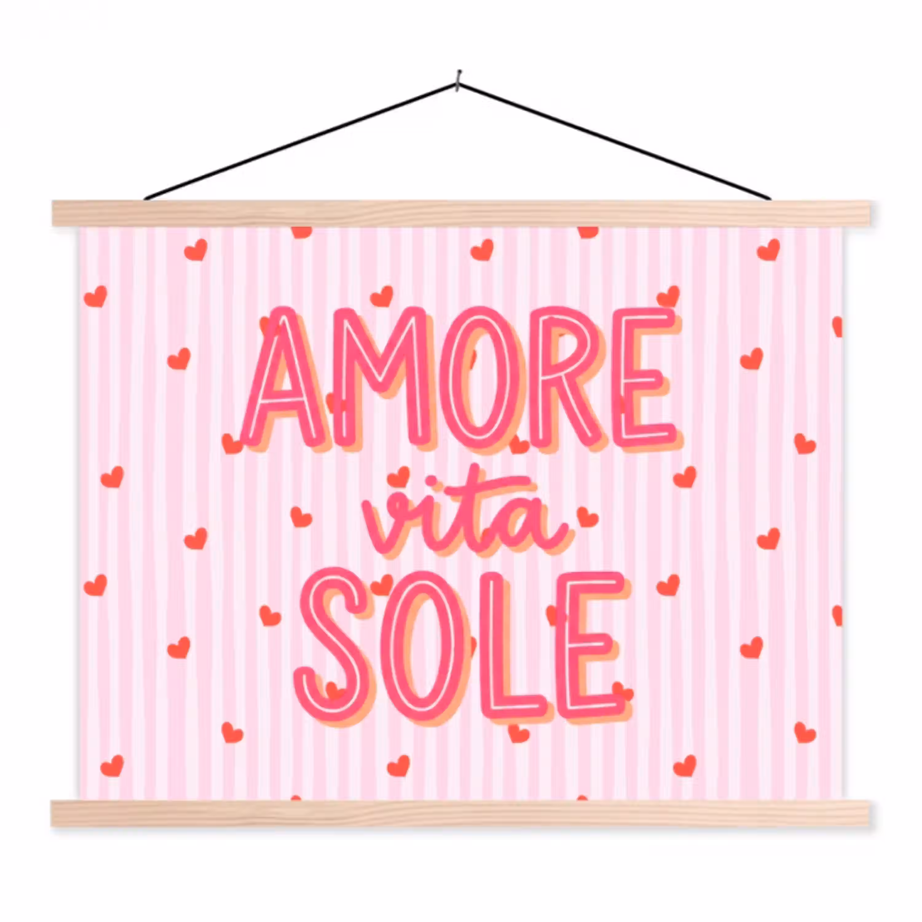 Amore vita sole - Roze - Hartjes textielposter latten blank klein -3d