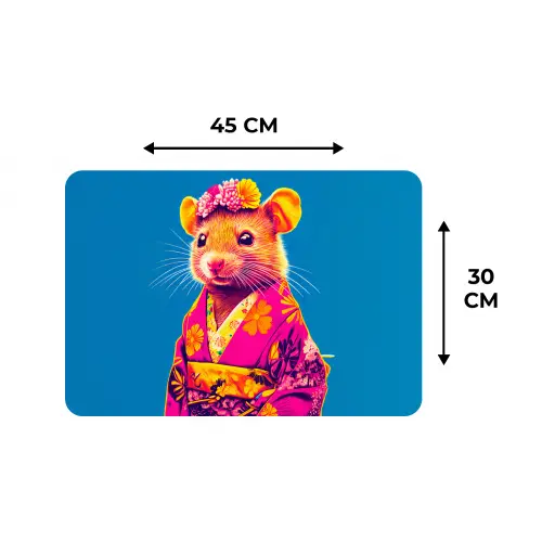 Muis - Kimono - Bloemen - Blauw Placemat vinyl groot -specs