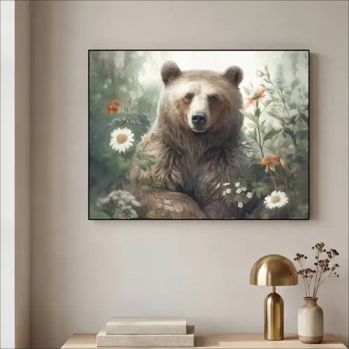 Bruine beer - Wilde dieren - Bloemen - Planten Textielframe - compleet frame klein -sfeer2