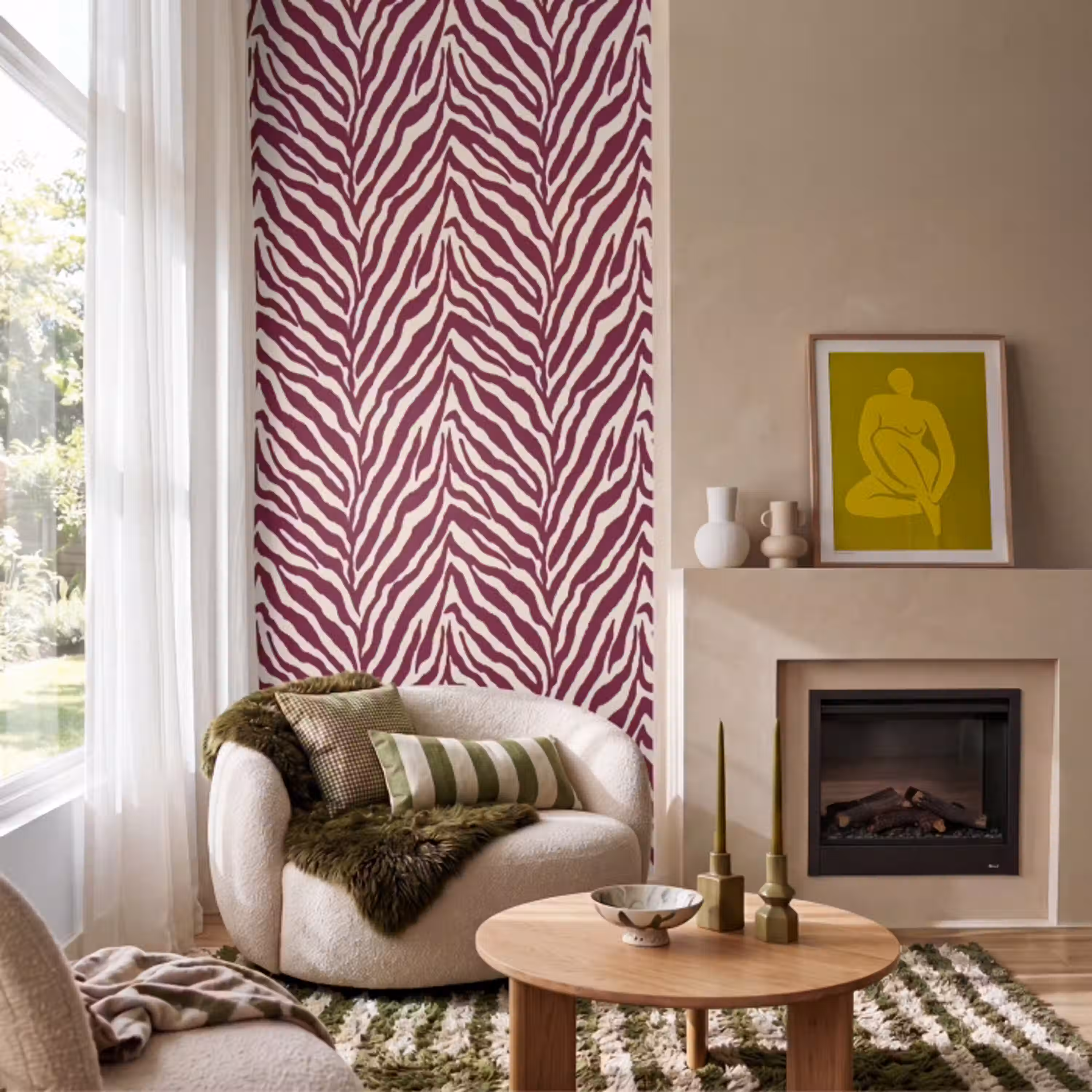 Zebra - Motief - Bordeaux - Rood Behang Vlies klein 1076 -sfeer2