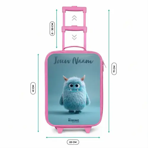Blauw pluizig monster met hoorns Kinderkoffer - Roze klein -productfoto_formaten