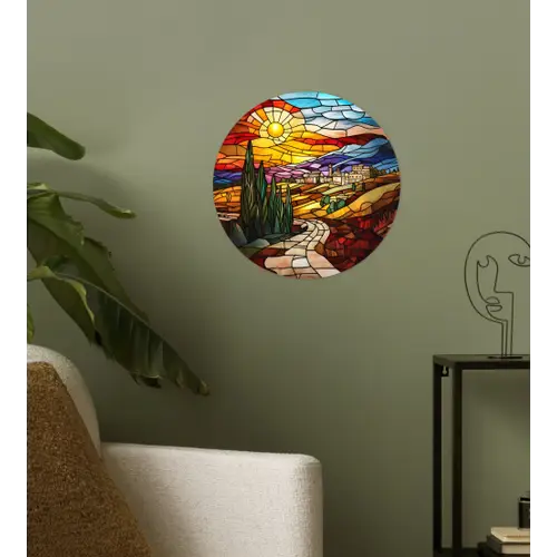 Mozaïek - Zon - Landschap - Dorp Wandcirkel behangsticker klein -sfeer2