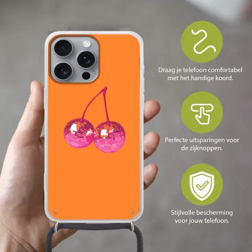 Discoballen - Kers - Spiegels - Roze Hoesje iPhone 16 Pro Max met koord klein -sfeer2_NL