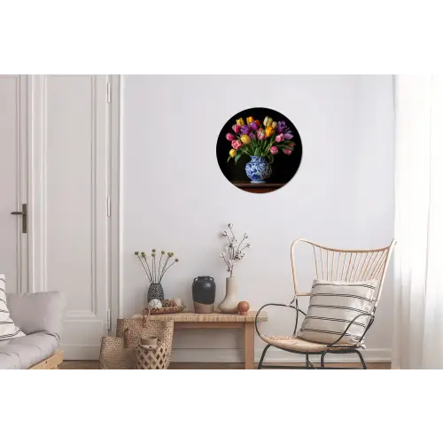 Tulpen - Kleuren - Hout - Vaas Wandcirkel aluminium klein -woonkamer
