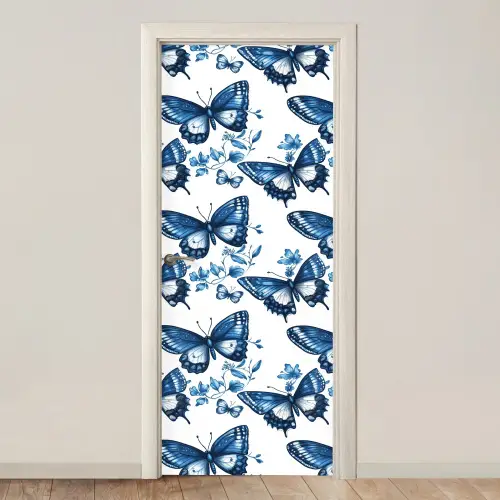 Blauw - Vlinders - Bloemen - Wit deurposter klein 289 -3d_beige