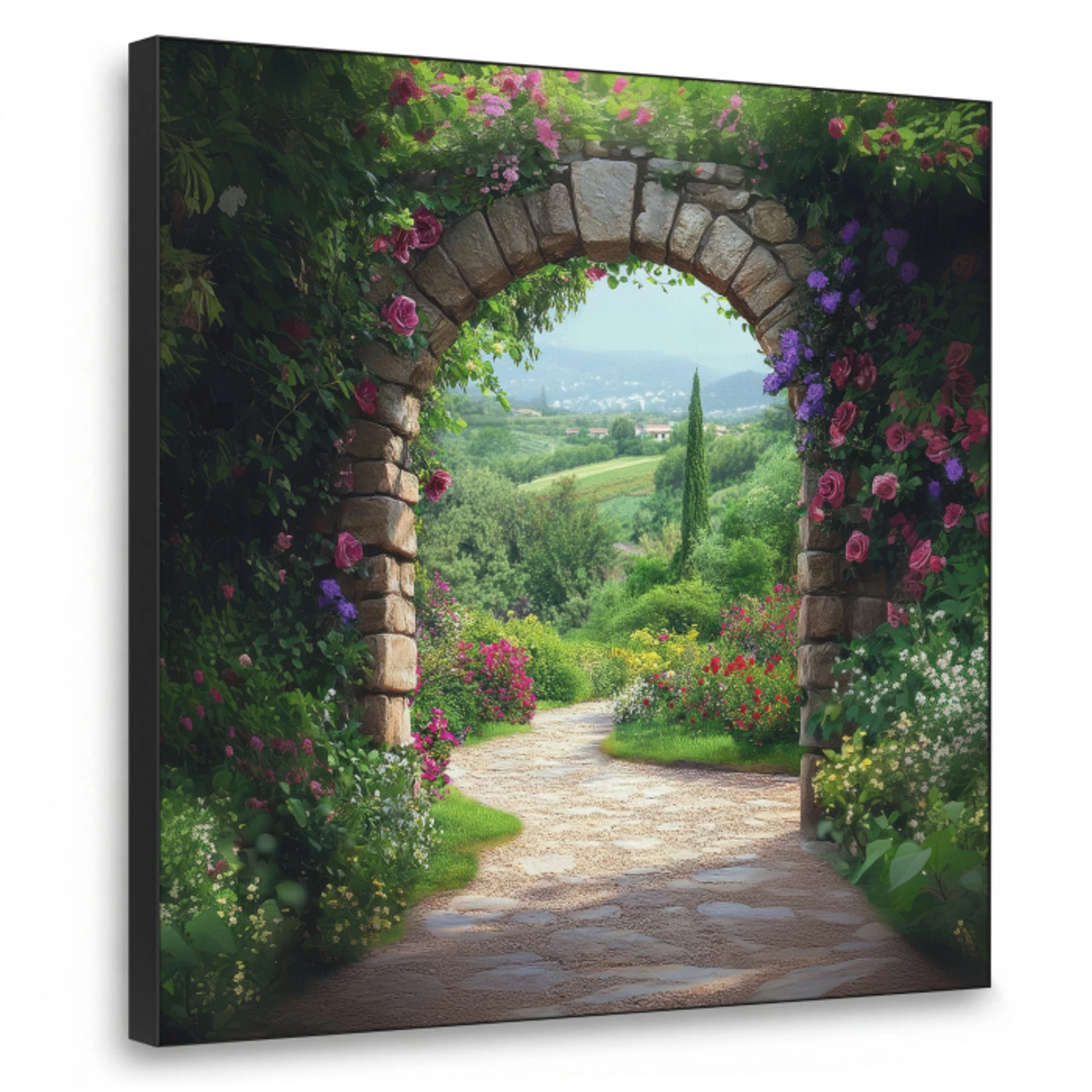Doorkijk - Landschap - Bloemen - Pad - Uitzicht Textielframe zwart klein -3d