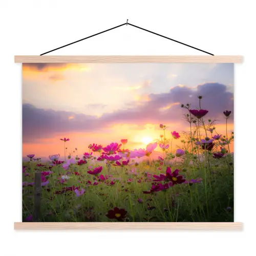 Bloemen - Roze - Zonsondergang - Natuur - Weide - Horizon textielposter latten blank klein -3d