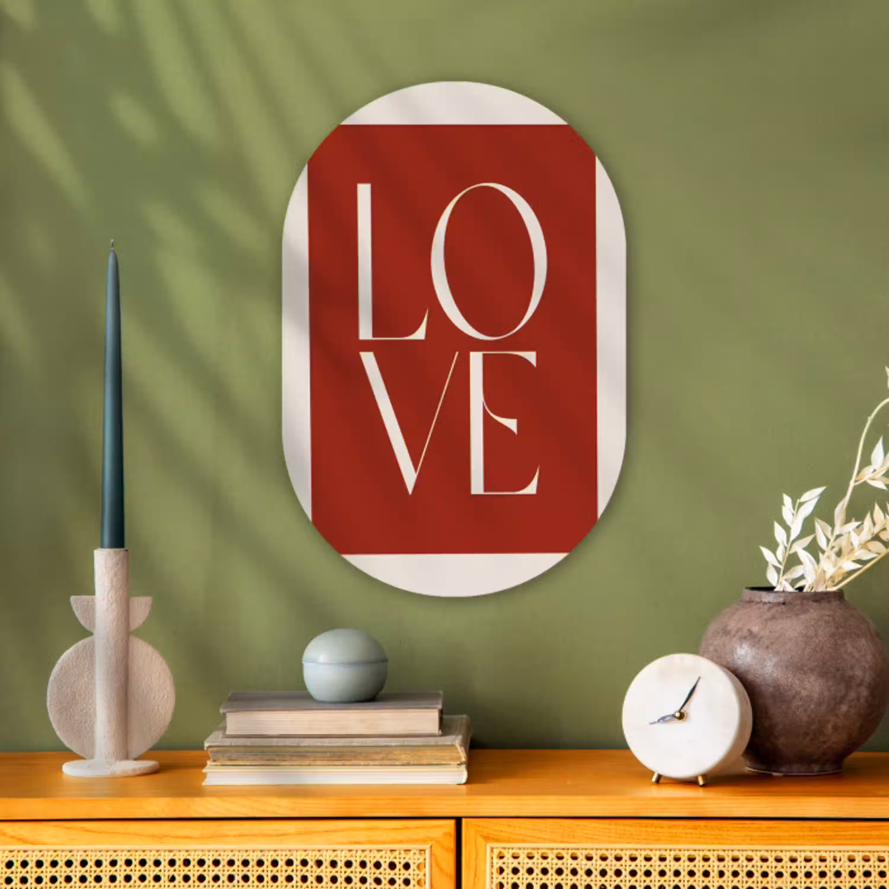 Love - Rood - Minimalistisch Wandcirkel Ovaal Forex klein -sfeer2