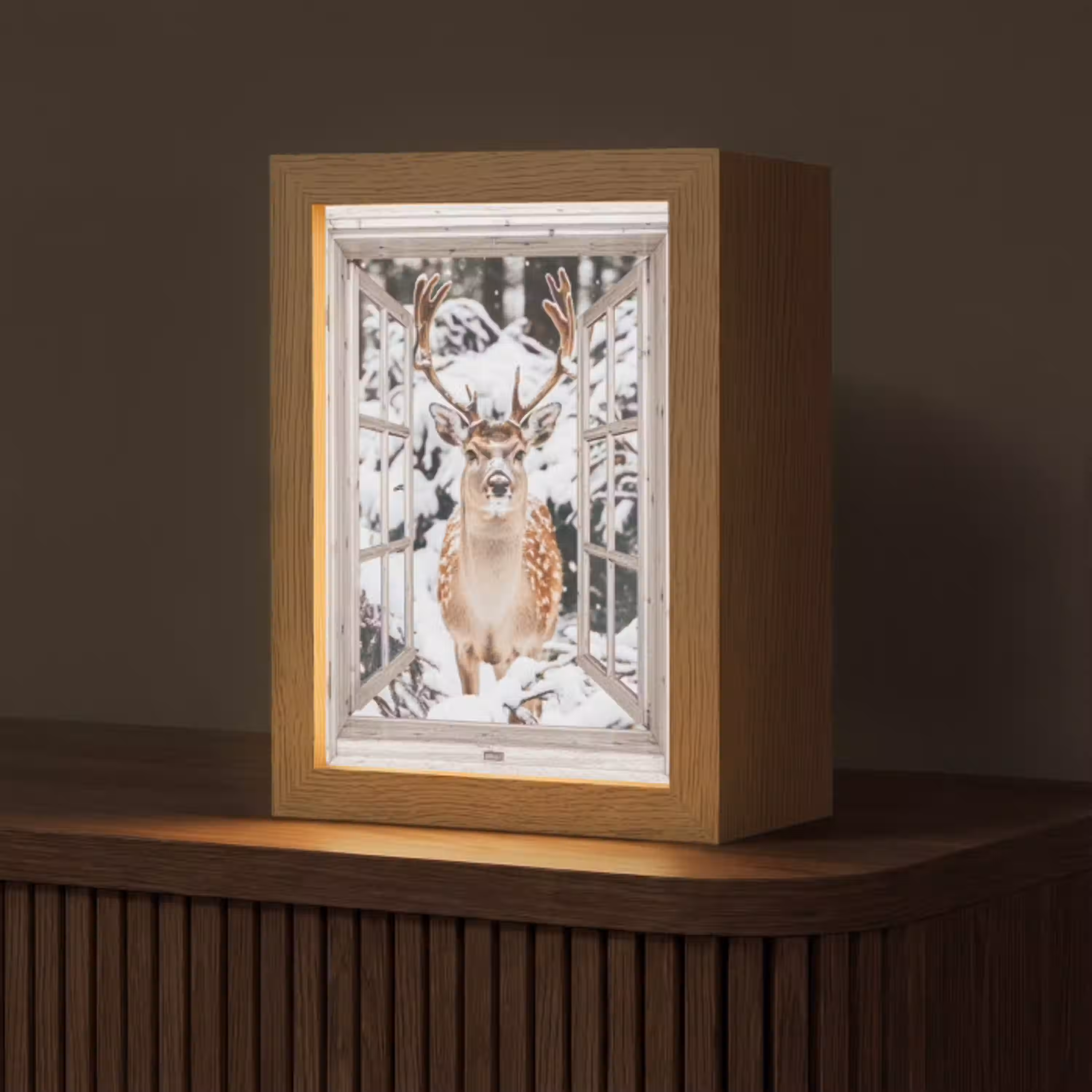 Doorkijk - Hert - Sneeuw - Winter - Bos - Dieren - Natuur Light Box met kabel (Tafellamp) klein -z3d_website