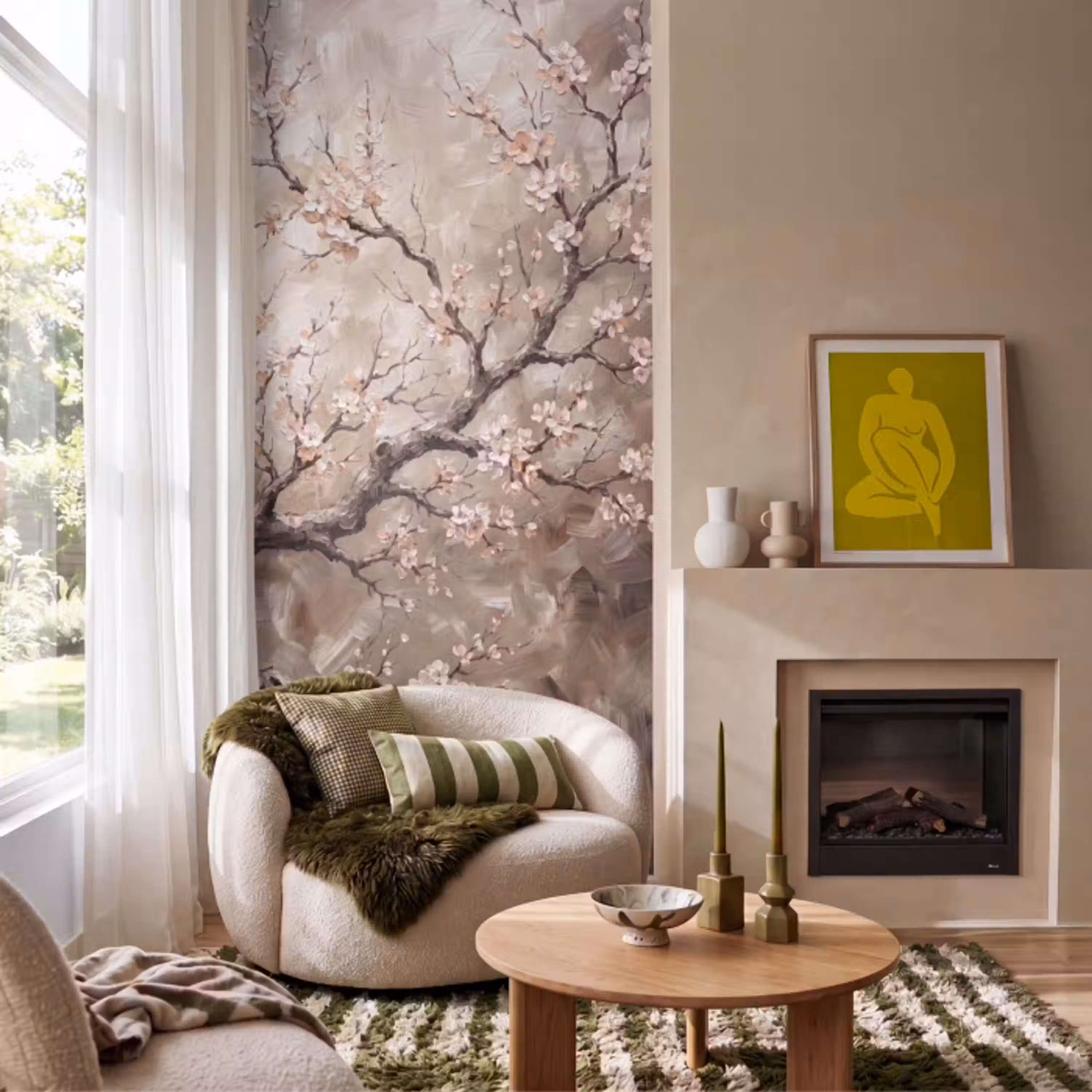 Bloesem - Takken - Schilderij - Beige - Serene Behang Vinyl klein -sfeer2