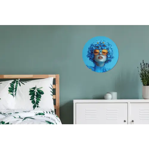 Vrouw - Bloem - Blauw - Modern - Bril - Portret Wandcirkel aluminium klein -slaapkamer