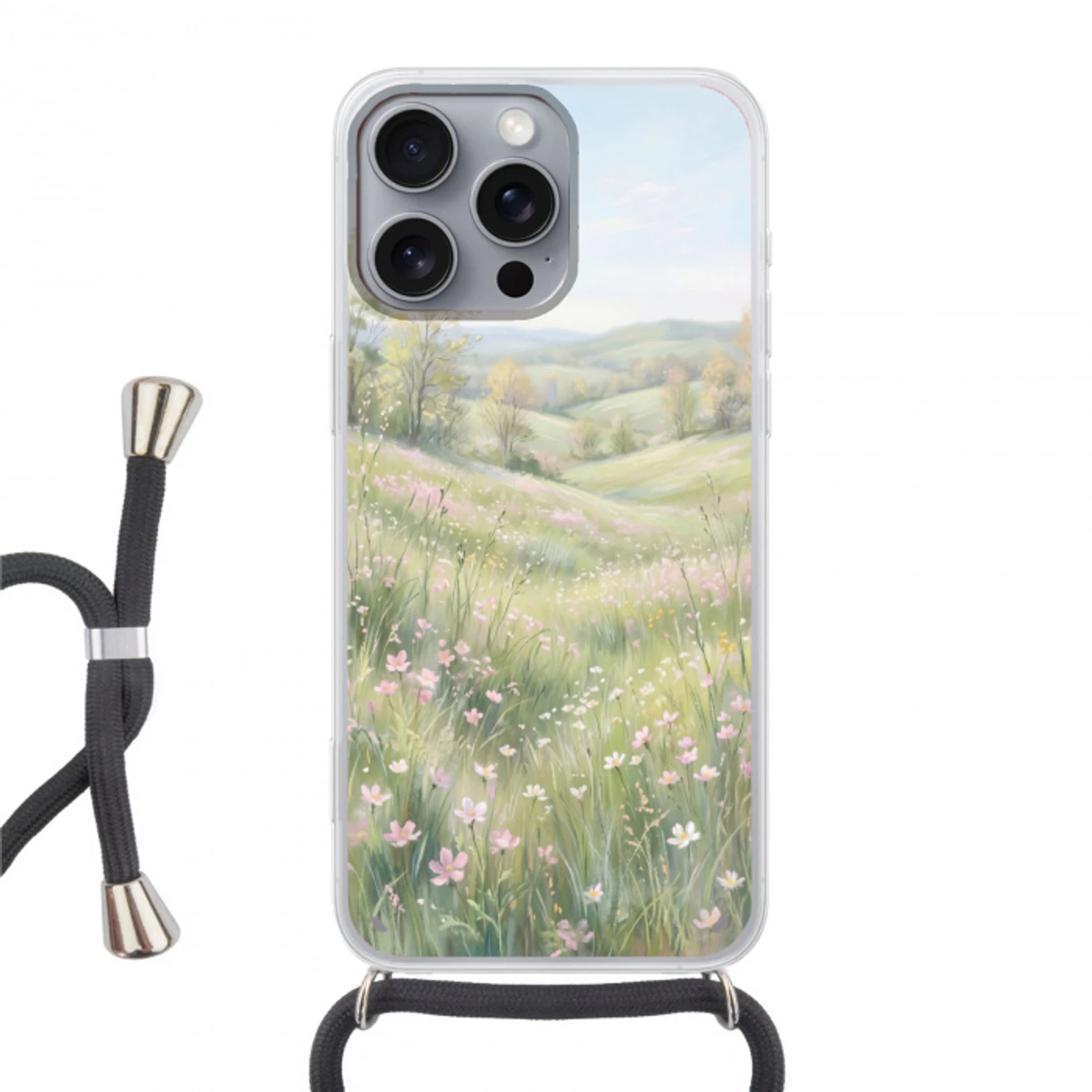Bloemen veld - Bloemen - Groen Hoesje iPhone 16 Pro Max met koord klein -3d