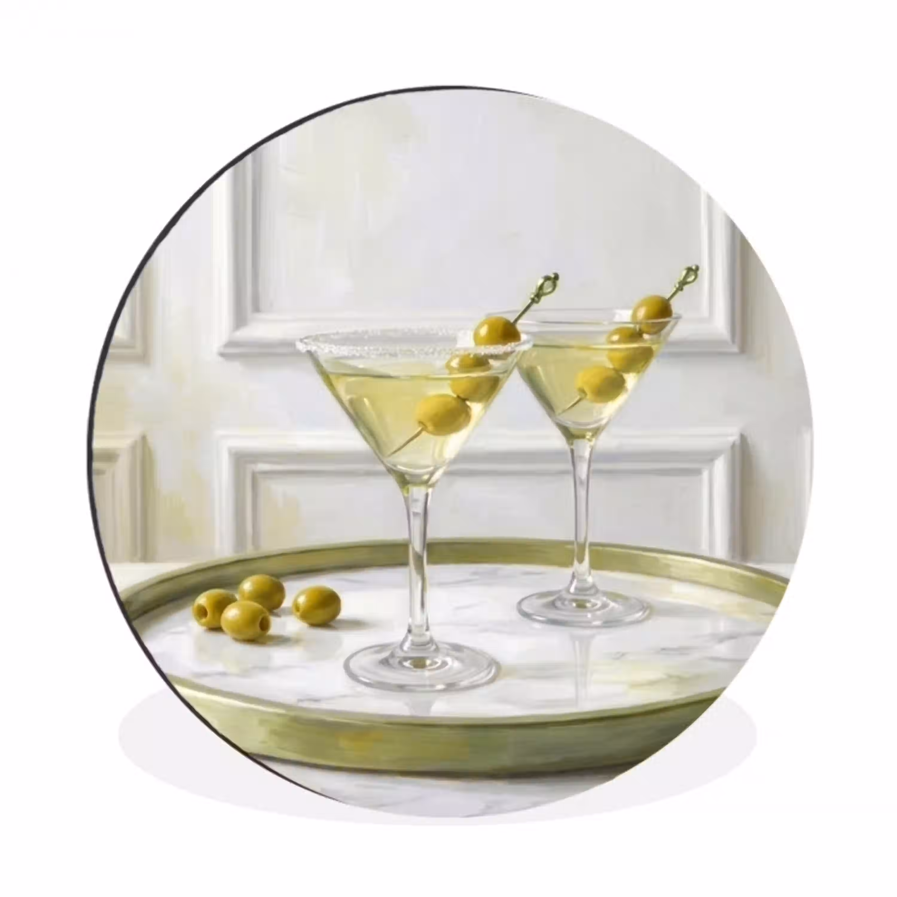 Drank - Martini - Olijven - Modern - Wit Wandcirkel aluminium klein -3d