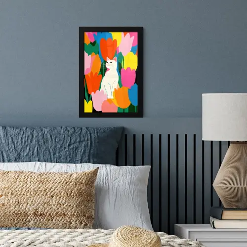 Tulpen - Kat - Kleurrijk fotolijst zwart zonder passe partout klein -sfeer3