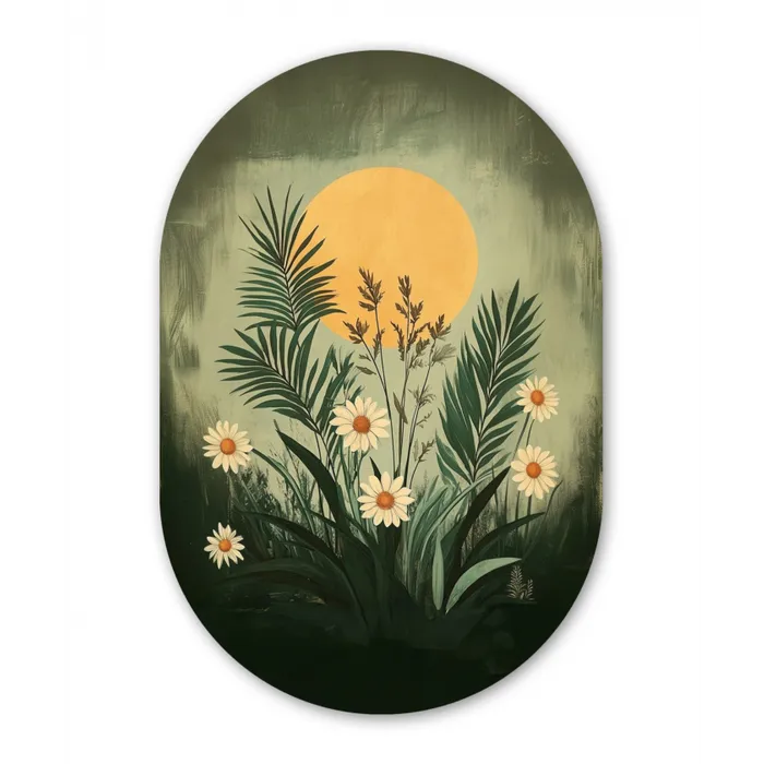 Bloemen - Bladeren - Zon - Groen Wandcirkel Ovaal Glas middel -3d