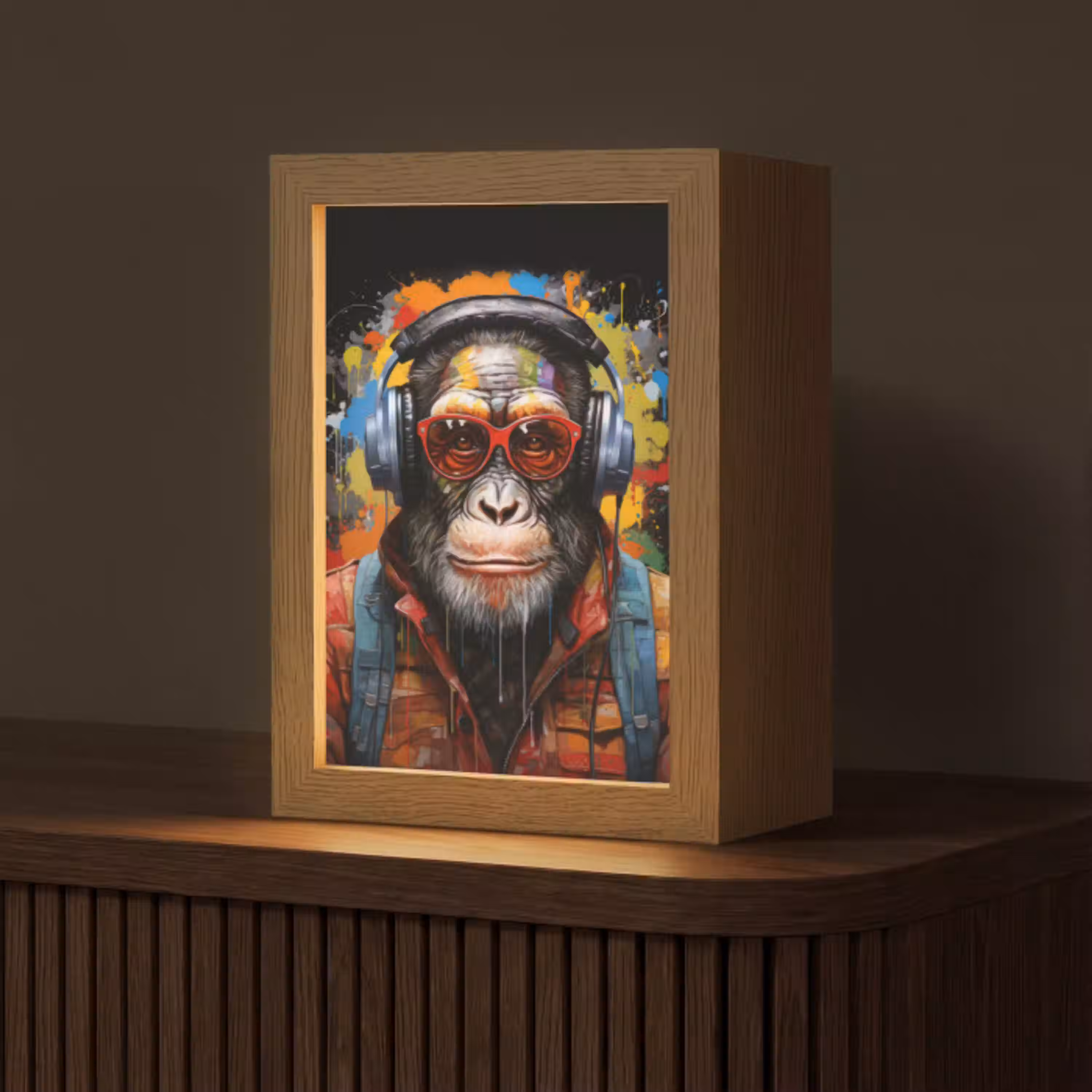 Chimpansee - Aap - dieren - Graffiti - Bril - Koptelefoon - Kleuren Light Box met kabel (Tafellamp) klein -z3d_website