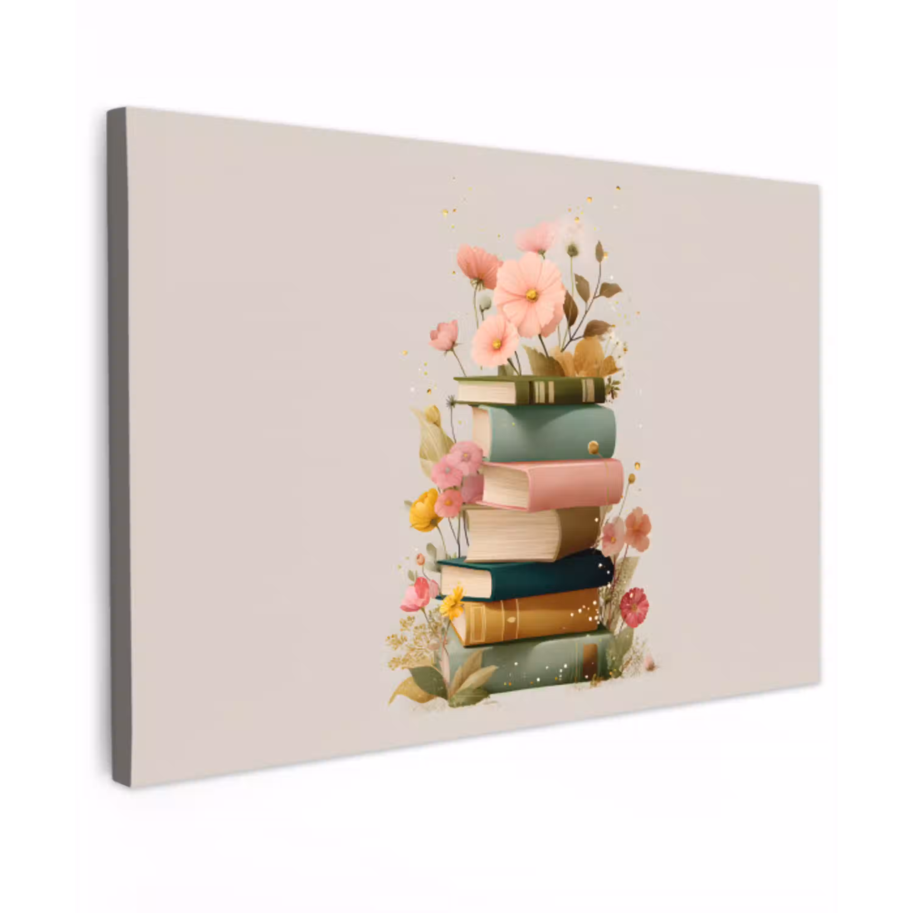 Boeken - Stapel - Bloemen - Kleurrijk Tuinposter op houten frame 2 cm dik klein -3d