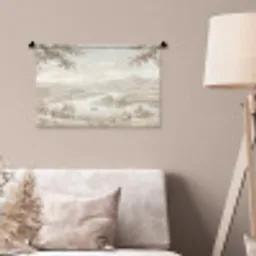 Rivierlandschap - Bergen - Natuur - Vintage - Beige Wandkleed katoen klein -sfeer4