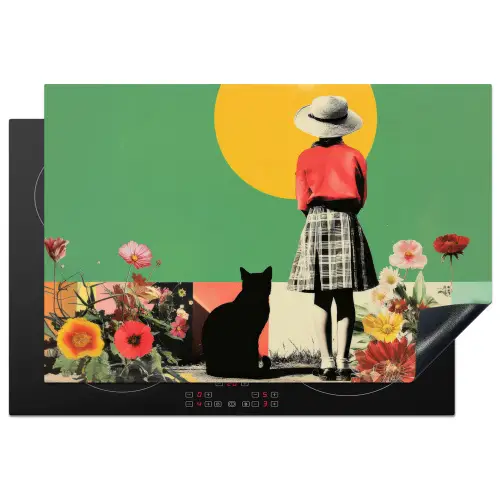 Retro - Meisje - Kat - Zon Inductie beschermer vinyl 3mm klein -3d