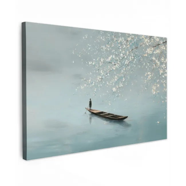 Buiten canvas - Bloesems - Minimalistisch - Wateroppervlak - Boot