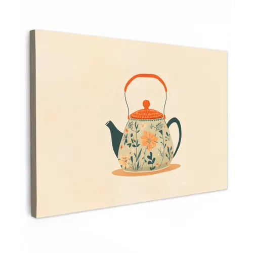 Oranje - Theepot - Bloemen - Bladeren Tuinposter op houten frame 2 cm dik klein -3d