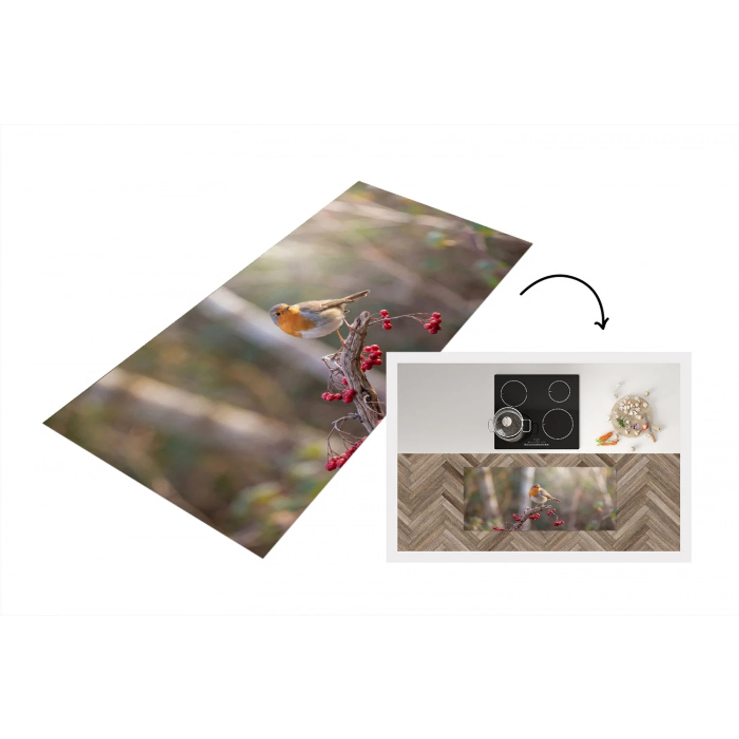 Roodborst - Tak - Bessen - Natuur Keukenloper - keukenmat middel -3d