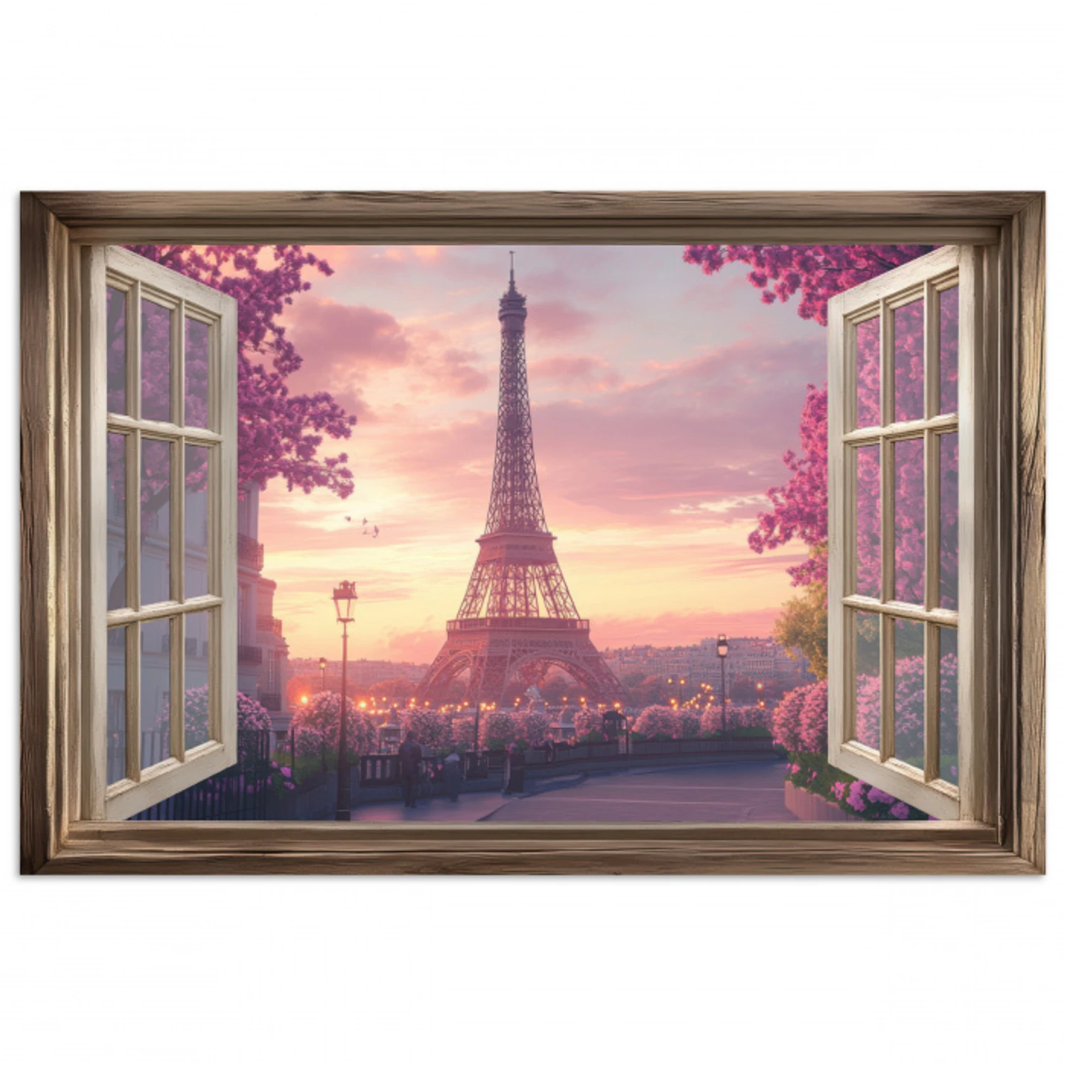 Doorkijk - Parijs - Eiffeltoren - Roze - Kersenbloesem poster papier klein -3d