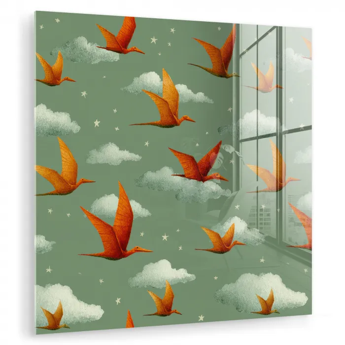 Dinosaurussen - Wolken - Sterren - Oranje plexiglas 5mm klein -zzzproduct_nieuw