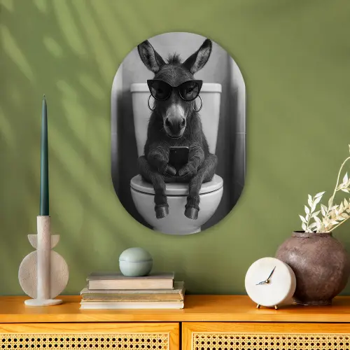 Ezel - Telefoon - Toilet - Zwart - Wit Wandcirkel Ovaal Forex klein -sfeer2