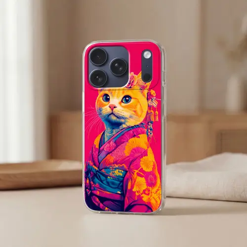 Kat - Kimono - Bloemen - Roze Telefoonhoesje iPhone 17 Pro klein -sfeer2